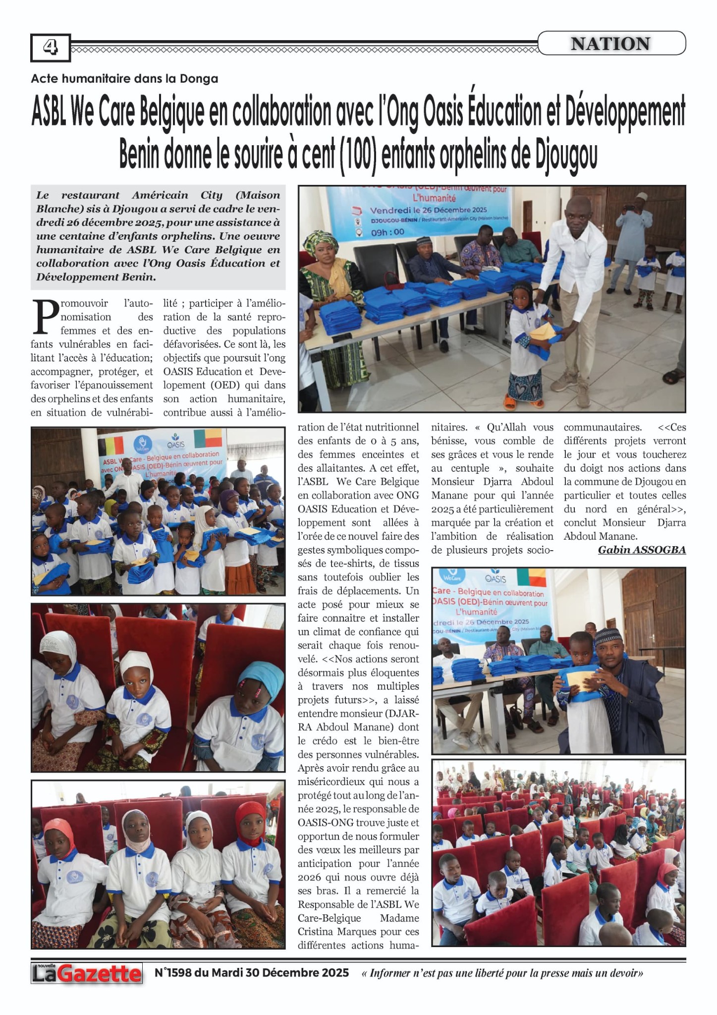 LaGazette N°1598 – Acte humanitaire dans la Donga : OED et We Care Belgique, 100 enfants orphelins de Djougou